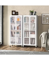 Sugift Glass Doors Storage Cabinet with Wheels and Adjustable Shelves