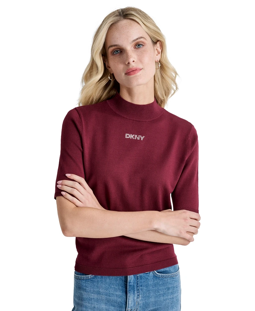 Dkny Jeans Women's Stud Logo Mock Neck Elbow-Sleeve Sweater