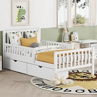 Twin Wood Platform Bed with Guardrails on Both Sides and Two Storage Drawers, Gray