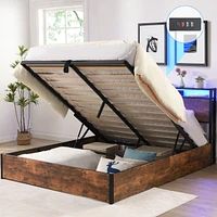Queen Bed Frame with Bookcase, Lights, and Charging Station