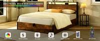 Queen Bed Frame with Bookcase, Lights, and Charging Station