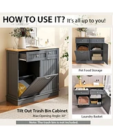 Costway Wooden Kitchen Trash Cabinet Tilt Out Bin Holder with Drawer & Storage Shelf