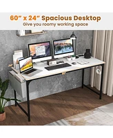 Costway 60" Modern Computer Desk with Charging Station with Storage Bag & Headphone Hook