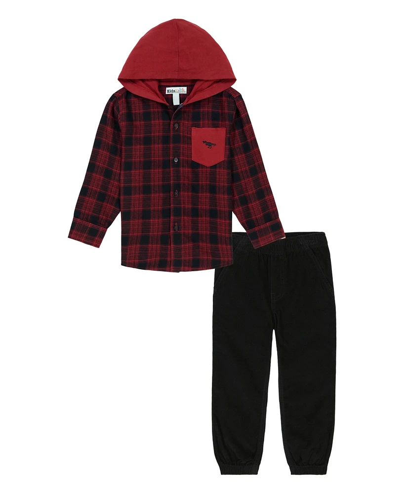 Kids Headquarters Toddler and Little Boys, Plaid Woven Shirt with Knit Hood Corduroy Joggers