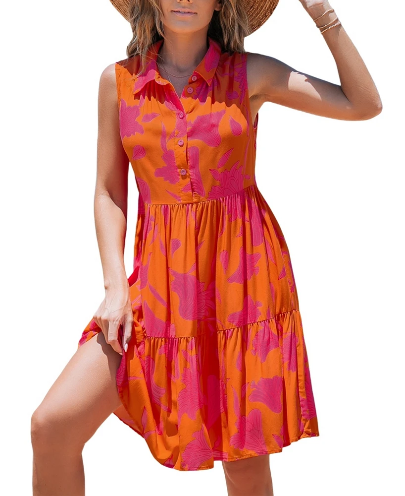 Cupshe Women's Orange Tropical Collared Sleeveless Mini Beach Dress