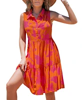 Cupshe Women's Orange Tropical Collared Sleeveless Mini Beach Dress