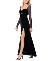 Blondie Nites Juniors' Long Sheer-Sleeve Velvet Dress