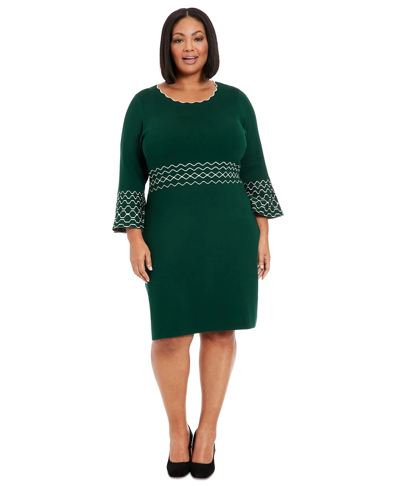 London Times Plus Contrast-Trimmed Bell-Sleeve Dress