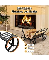 Sugift Firewood Rack Decorative Rustproof Steel Fireplace Log Holder with Wheels