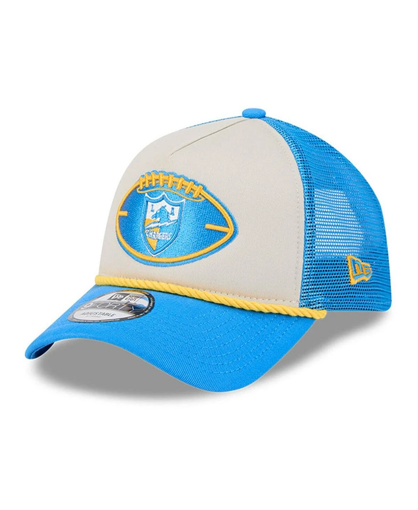 New Era Men's Stone/Powder Blue Los Angeles Chargers 2024 Sideline Historic 9FORTY A-Frame Trucker Adjustable Hat