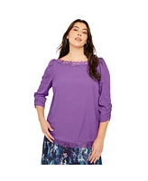 June + Vie Women's Eyelash-Lace-Trim Boatneck Top