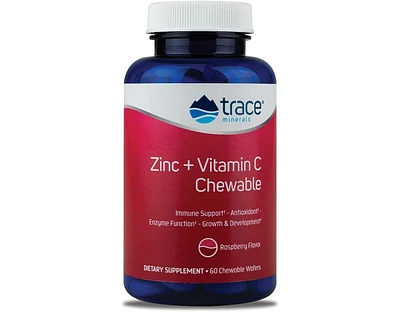 Trace Minerals Zinc + Vitamin C Chewable | Immune Support, Antioxidant, Enzyme Function, Growth & Development | Gummy | Raspberry | 60 Chewable Wafers