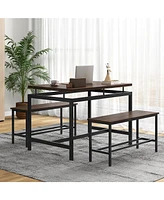 Vebreda 3 Pieces Dining Table Set with Wooden Kitchen Table and 2 Benches-Brown