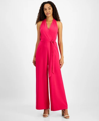 julia jordan Women's Belted Wide-Leg Halter Jumpsuit