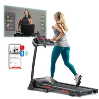 Sunny Health & Fitness Adjustable Incline Foldable Smart Treadmill w Digital Monitor, Shock Absorption, Pulse Sensors, Handrail Controls, Exclusive Su