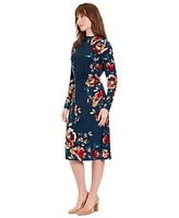 London Times Petite Floral Draped-Neck Ruched Dress