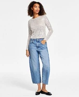 Lucky Brand Womens Sequin Long Sleeve Layering Top High Rise Barrel Leg Cotton Jeans