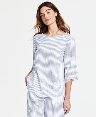 Charter Club Petite Striped Embroidered 3/4-Sleeve Linen Top, Created for Macy's