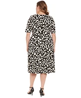 London Times Plus Printed Elbow-Sleeve Midi Dress