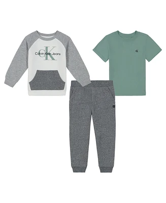 Calvin Klein Toddler and Little Boys Short Sleeve Logo Tee, Monogram Raglan Crewneck Joggers 3-Piece Set