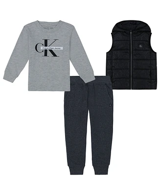 Calvin Klein Little Boys Long Sleeve Heather Logo Tee, Fleece Joggers Hooded Puffer Vest 3-Piece Set