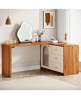 Tribesigns Modern Makeup Vanity, Retractable Large Vanity Desk with 3 Drawers and Cabinet, Makeup Corner Dressing Table for Bedroom, Walnut and White