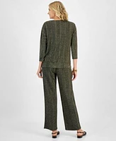 Jm Collection Womens Metallic Stripe Twist Front 3 4 Sleeve Top Metallic Stripe Wide Leg Pants Created For Macys