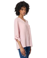 Jones New York Petite Collarless V-Neck Tunic Blouse