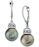 Cultured Tahitian Pearl (11mm) & Diamond Accent Leverback Drop Earrings in 14k White Gold