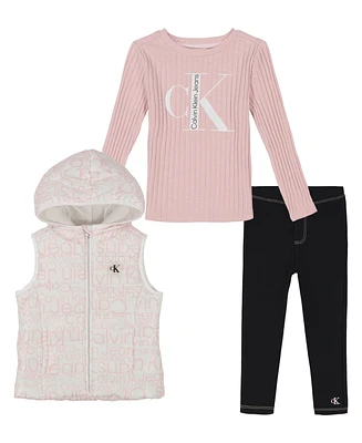 Calvin Klein Toddler and Little Girls Logo-Print Puffer Vest, Long Sleeve Ribbed Logo Tee Jeggings, 3-Piece Set