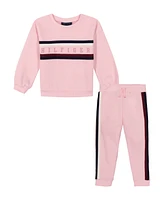 Tommy Hilfiger Little Girl Logo-Stripe Trim Fleece Sweatsuit, 2 Piece Set