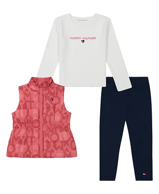 Tommy Hilfiger Toddler and Little Girls Long Sleeve Ribbed Tee, Puffer Vest Stretch Leggings, 3 Piece Set