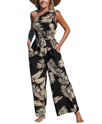 Cupshe Women's Midnight Tropics One-Shoulder Wide Leg Jumpsuit