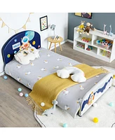 Kids Upholstered Platform Bed Children Twin Size Wooden Bed Astronaut Pattern
