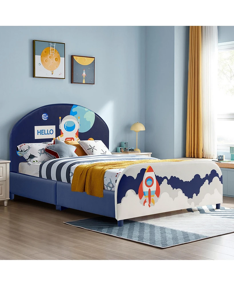 Costway Kids Upholstered Platform Bed Children Twin Size Wooden Bed Astronaut Pattern