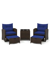 Costway 5 Pcs Patio Rattan Furniture with 2 Wicker Ottomans & Tempered Glass Coffee Table