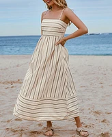 Cupshe Women's Beige Striped Sleeveless Square Neck Maxi Beach Dress