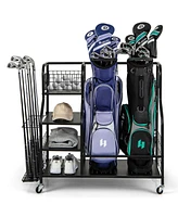 Skonyon Golf Bag Organizer for 2 Golf Bags with Golf Clubs Rack and Lockable Wheels-Black