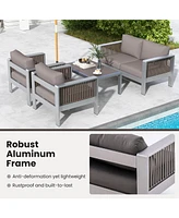Costway 4 Pcs Aluminum Patio Furniture Set with Thick Cushions & Tempered Glass Tabletop