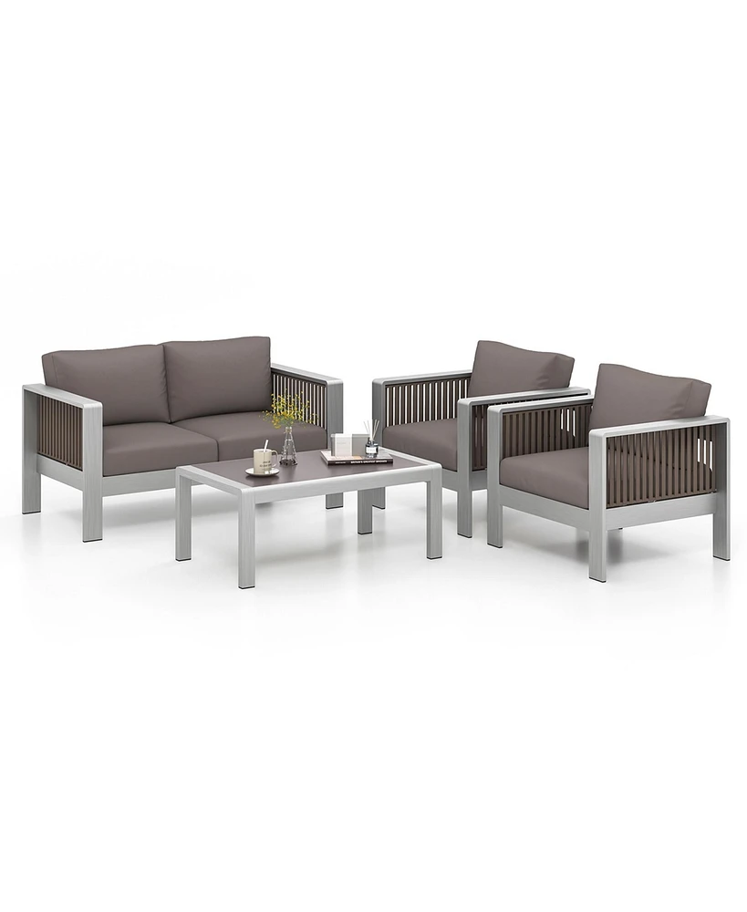 Costway 4 Pcs Aluminum Patio Furniture Set with Thick Cushions & Tempered Glass Tabletop