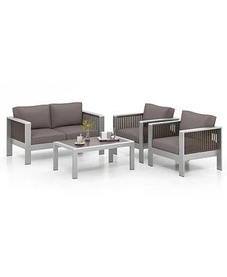 Costway 4 Pcs Aluminum Patio Furniture Set with Thick Cushions & Tempered Glass Tabletop