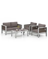 Costway 4 Pcs Aluminum Patio Furniture Set with Thick Cushions & Tempered Glass Tabletop