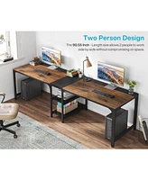 Tribesigns 90.55'' 2 Person Desk with Storage Shelves, Double Computer Spacious Desktop, Extra Long Study Writing Table Workstation for Home