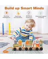 Costway Kids Wooden Train Set Toddler 3-Section Toy Train with Stackable Building Blocks