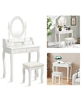 Sugift Wood Vanity Table Set with Oval Mirror and 4 Drawers for Kids Girls Women