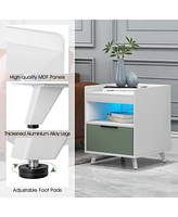 Sugift Modern Nightstand with Led Lights Sliding Drawer and Open Compartment