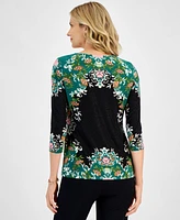 Jm Collection Women's Printed Jacquard 3/4-Sleeve Top, Created for Macy's