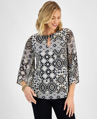 Jm Collection Women's Printed Keyhole 3/4-Sleeve Top, Created for Macy's