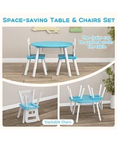 Costway Kids Wooden Round Table & 2 Chair Set w/ Center Mesh Storage