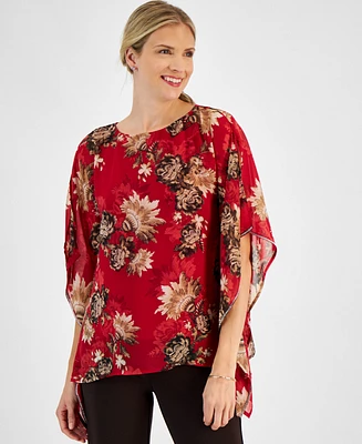 Jm Collection Women's Vintage Printed-Chiffon Poncho Top, Created for Macy's